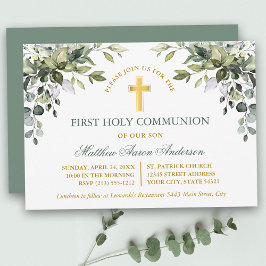 Watercolor Greenery Sage Green Gold Communion 招待状