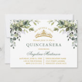 Watercolor Greenery Sage Green Gold Quinceanera 招待状 (正面)