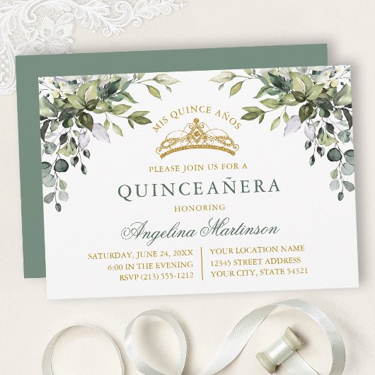 Watercolor Greenery Sage Green Gold Quinceanera 招待状