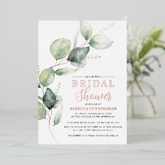 Watercolor Greenery Script Bridal Shower 箔招待状 (立ち正面)