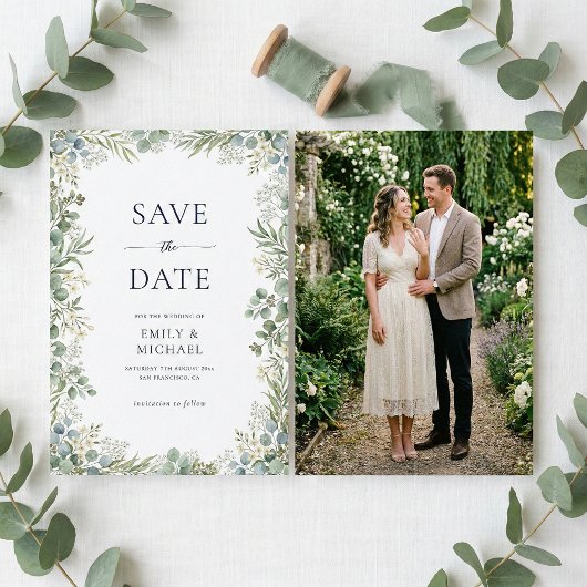 Watercolor Greenery With Photo Elegant Wedding セーブザデート