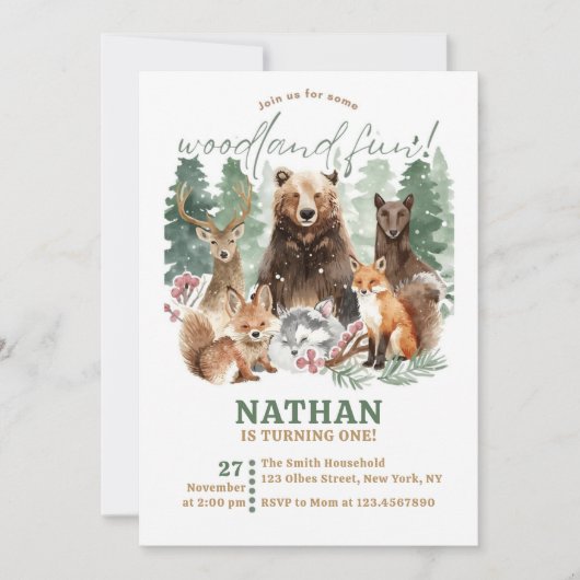 Watercolor Greenery Woodland Forest Birthday 招待状 (正面)