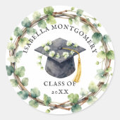 Watercolor Greenery Wreath Floral Graduation Cap ラウンドシール (正面)