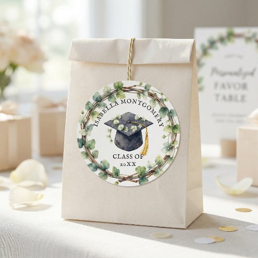 Watercolor Greenery Wreath Floral Graduation Cap ラウンドシール