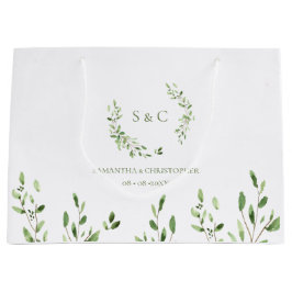 Watercolor Greenery Wreath monogram wedding ラージペーパーバッグ
