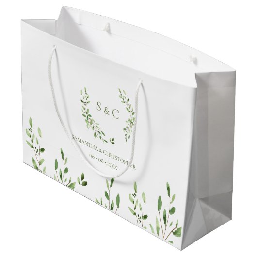 Watercolor Greenery Wreath monogram wedding ラージペーパーバッグ (裏面アングル)