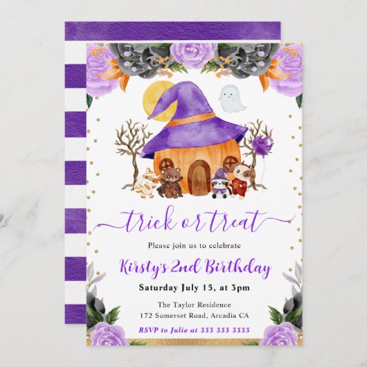 Watercolor Halloween Animals Birthday Party 招待状 (正面/裏面)