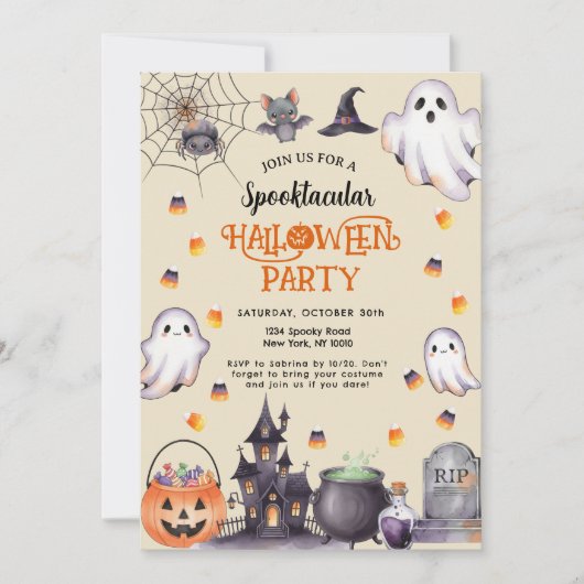 Watercolor Halloween Invitation – Spooky & Stylish 招待状 (正面)