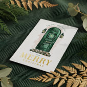 Watercolor Hand Drawn Green Door Christmas Wreath 箔シーズンカード