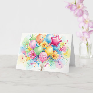 Watercolor Happy Birthday Balloons & Flowers カード