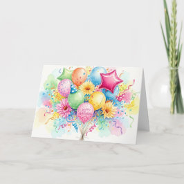 Watercolor Happy Birthday Balloons & Flowers カード