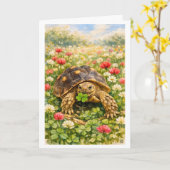 Watercolor Happy Birthday Turtle with lucky clover カード (黄色い花)