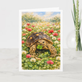 Watercolor Happy Birthday Turtle with lucky clover カード