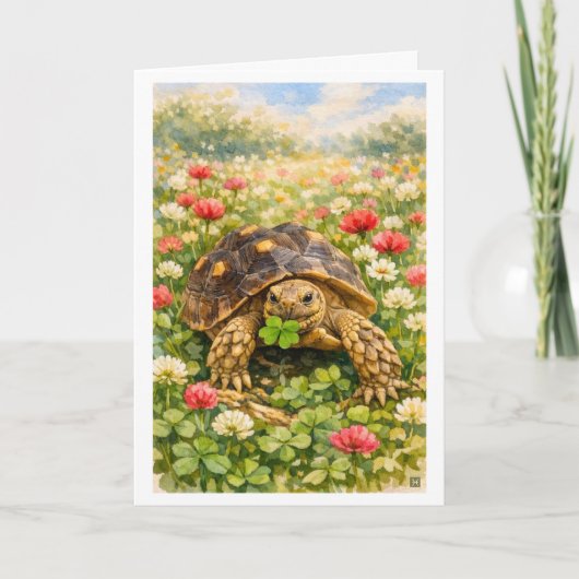 Watercolor Happy Birthday Turtle with lucky clover カード (正面)