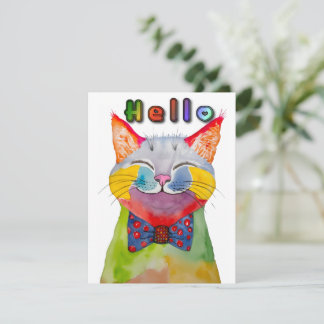Watercolor Happy Cat Greeting Card 招待状
