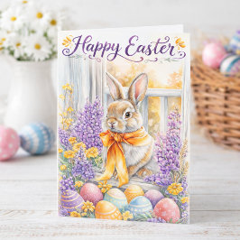 Watercolor Happy Easter Bunny Card | Soft Floral カード