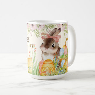 Watercolor Happy Easter Day Floral Bunny with Bow コーヒーマグカップ
