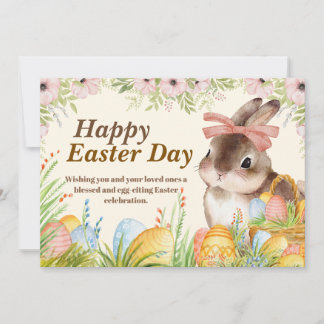 Watercolor Happy Easter Day Floral Bunny with Bow シーズンカード
