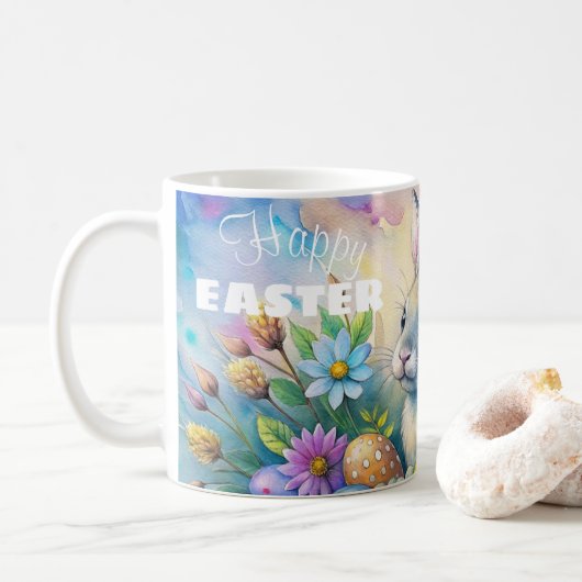 Watercolor Happy Easter Rabbit コーヒーマグカップ (ドーナツ)