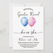 Watercolor He or She Balloon Gender Reveal 招待状 (正面)