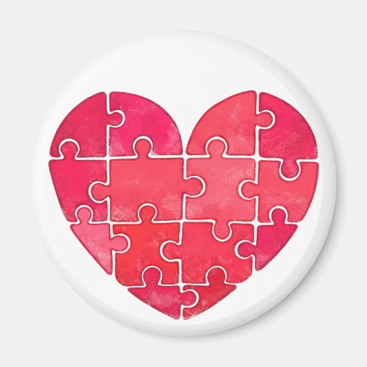 Watercolor heart made from red jigsaw pieces マグネット (正面)