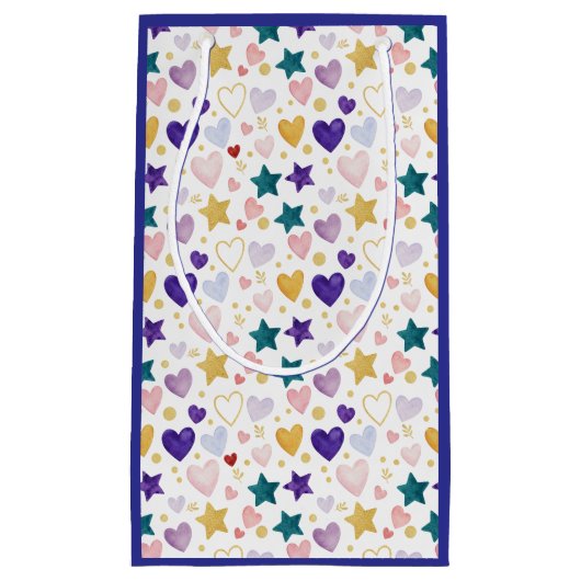 Watercolor Hearts and Glittering Stars Pattern スモールペーパーバッグ (正面)