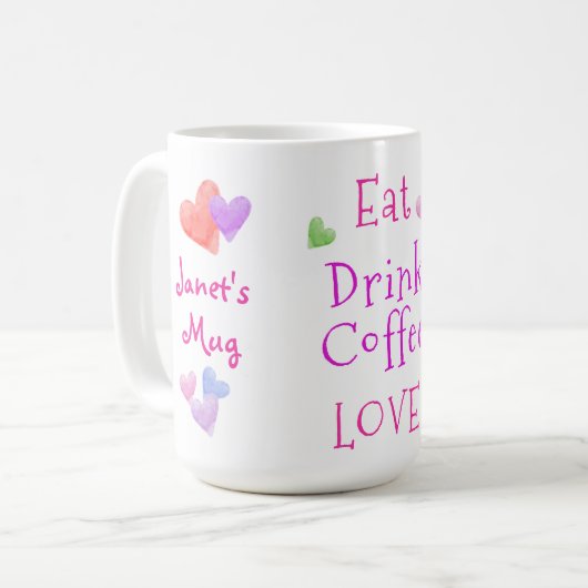 Watercolor Hearts EAT Drink Coffee LOVE コーヒーマグカップ (正面左)