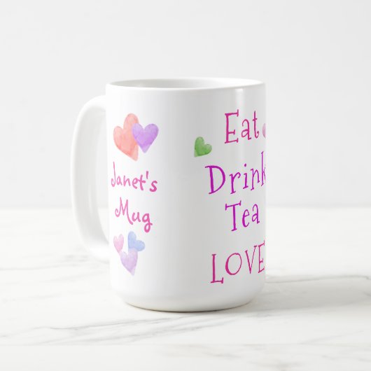 Watercolor Hearts EAT Drink Tea LOVE コーヒーマグカップ (正面左)