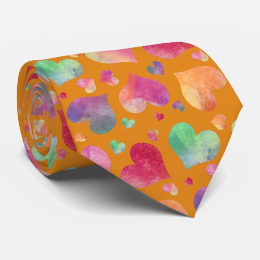 Watercolor Hearts Pattern Orange ネクタイ (ロール)