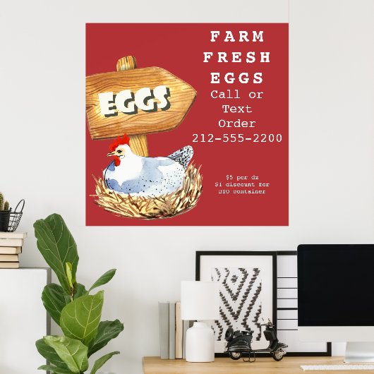 Watercolor Hen Farm Fresh Eggs Poster ポスター (ホームオフィス)