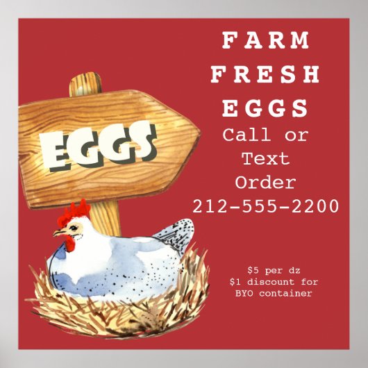 Watercolor Hen Farm Fresh Eggs Poster ポスター (正面)
