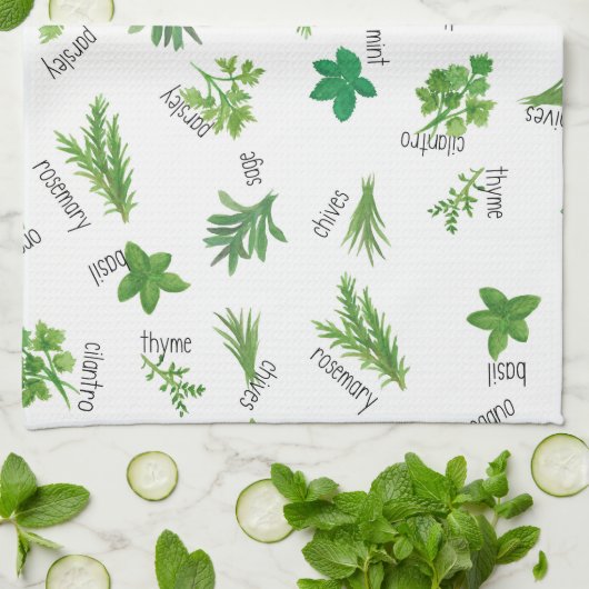 Watercolor Herbs Kitchen Hand Towel キッチンタオル (折り畳み)