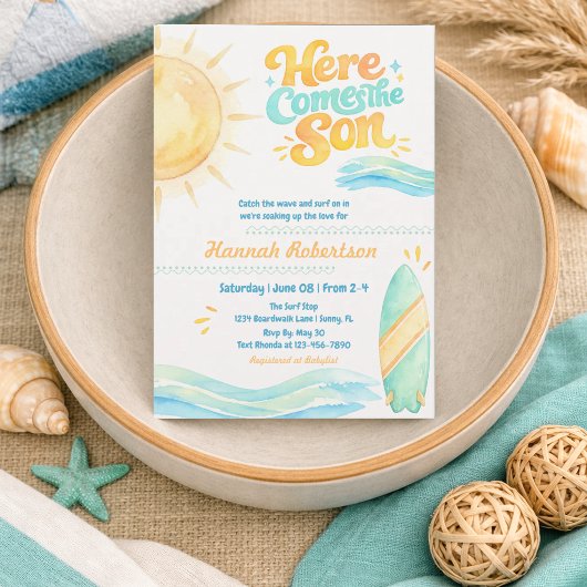 Watercolor Here Comes the Son Baby Shower Invite 招待状
