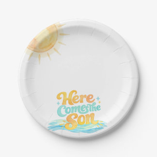 Watercolor Here Comes the Son Baby Shower Plates ペーパープレート