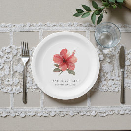 Watercolor Hibiscus Flower Tropical Aloha Wedding  ペーパープレート