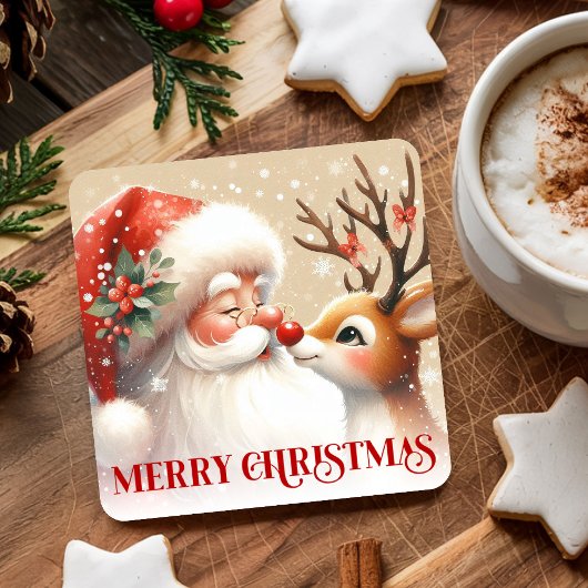 Watercolor Holiday Drink Coasters Santa Rudolph スクエアペーパーコースター