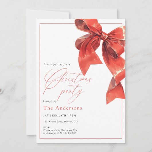 Watercolor Holiday Red Bow Christmas Party 招待状 (正面)