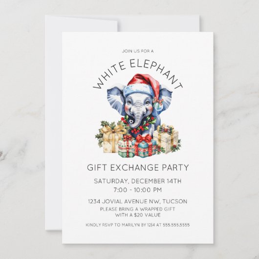 Watercolor Holiday White Elephant Gift Exchange 招待状 (正面)