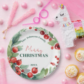 Watercolor Holly and Red Berries Wreath Christmas ペーパープレート (パーティー)