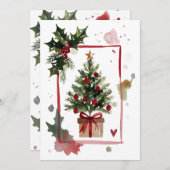 Watercolor Holly Berries Christmas Tree Holiday シーズンカード (正面/裏面)