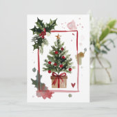 Watercolor Holly Berries Christmas Tree Holiday シーズンカード (スタンド正面)