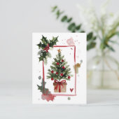 Watercolor Holly Berries Christmas Tree Holiday シーズンポストカード (スタンド正面)