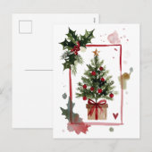 Watercolor Holly Berries Christmas Tree Holiday シーズンポストカード (正面/裏面)