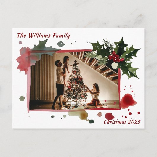 Watercolor Holly Berries Christmas Tree Holiday ポストカード (正面)