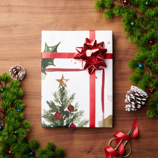 Watercolor Holly Berries Christmas Tree Holiday ラッピングペーパー (クリスマスギフト)