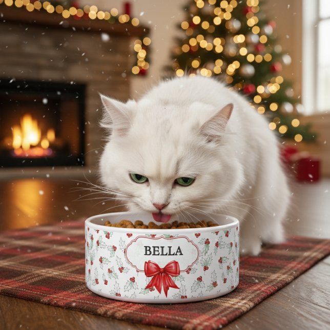 Watercolor Holly Berries Red Ribbon Custom Pet ボウル (クリエイターアップロード済み)