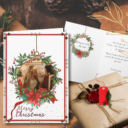 Watercolor Holly Berry Christmas Wreath Photo Card シーズンカード
