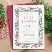 Watercolor Holly Berry Frame Baby Shower 招待状