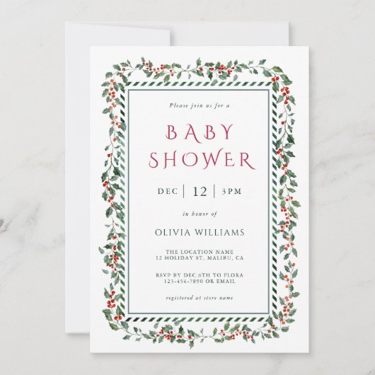 Watercolor Holly Berry Frame Baby Shower 招待状 (正面)