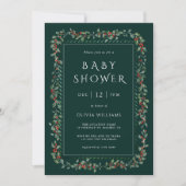 Watercolor Holly Berry Frame Boy Baby Shower Green 招待状 (正面)